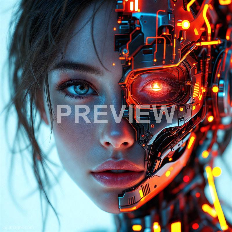 The image features a close-up of a woman's face, with her left eye visible and her lips slightly parted. The right half of her face is replaced by a detailed, futuristic mechanical robotic structure with glowing orange and red lights, giving the appearance of a cybernetic or cyborg entity. The background is a soft, gradient light blue, contrasting with the vivid, illuminated mechanical parts and her natural features.